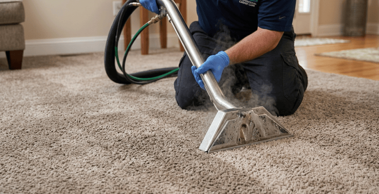 A professional home services technician using a steam cleaning wand on beige carpet, showing a clean line of distinction, as part of a total home revitalization that includes assessing top signs your home needs immediate roof repair.