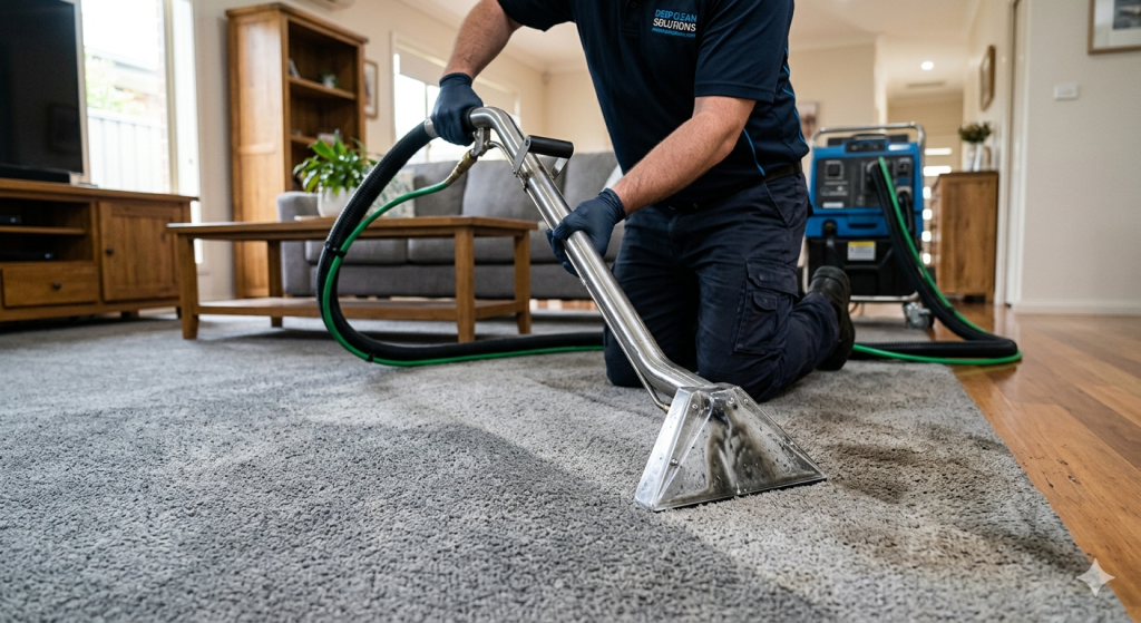 Professional technician using a hot water extraction machine to deep clean a living room carpet, a key step in total home maintenance alongside immediate roof repair.