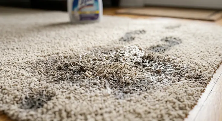 Dark, sticky tracks and footprints left on a light-colored carpet due to excessive detergent residue attracting dirt.