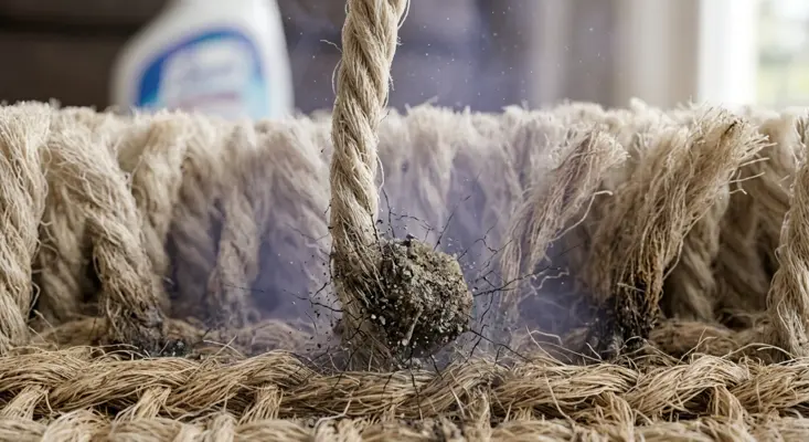 A macro, close-up view of dirty carpet fibers showing microscopic soil and dust particles grinding into the material like sandpaper.