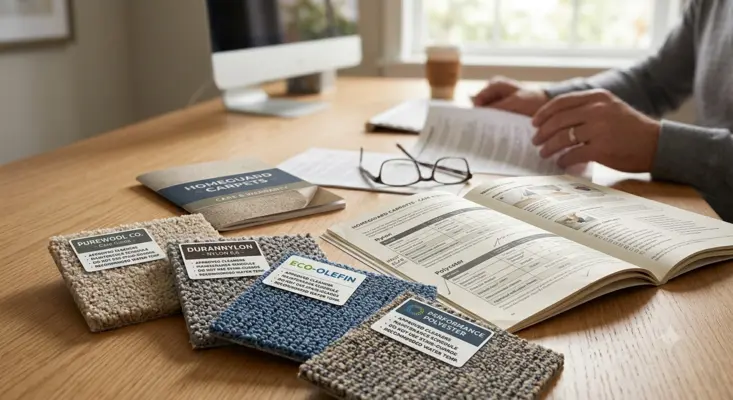 Carpet material samples for nylon, polyester, and wool lying next to an open manufacturer care guide and warranty booklet on a desk.