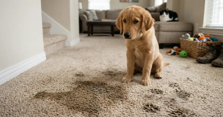 A guilty-looking golden retriever puppy sitting on a living room carpet next to a large dark liquid stain and muddy paw prints.