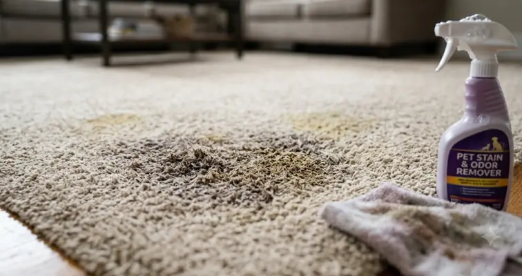 A set-in pet urine stain darkening a home carpet next to a consumer spray bottle, highlighting delayed stain treatment errors.
