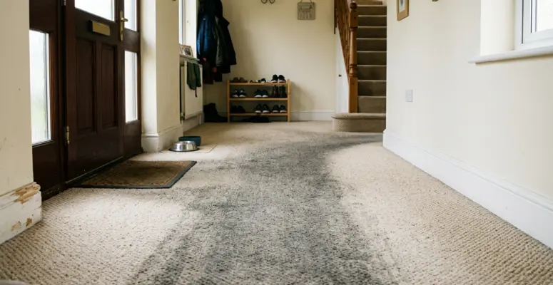 A long, noticeable dark trail of embedded dirt and wear running down the center of a light beige carpeted home entryway and hallway.