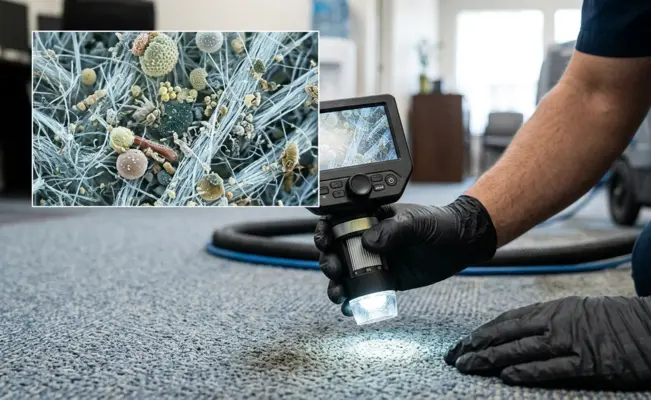 A technician using a UV inspection light on a carpet with an inset graphic showing a microscopic view of trapped dust, pollen, and allergens.
