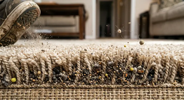 A close-up cross-section view of carpet fibers showing trapped dust, dirt, and allergens deep near the backing, illustrating why the science behind deep carpet cleaning is necessary.
