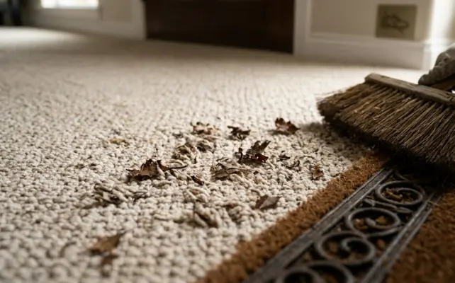 A homeowner using a stiff-bristled broom to sweep dry, crushed fall leaves away from the coir mat entryway threshold to protect indoor carpets.