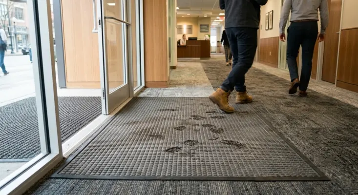 Overhead view of large commercial matting system with numerous dry and damp footprints for high-traffic carpet maintenance.