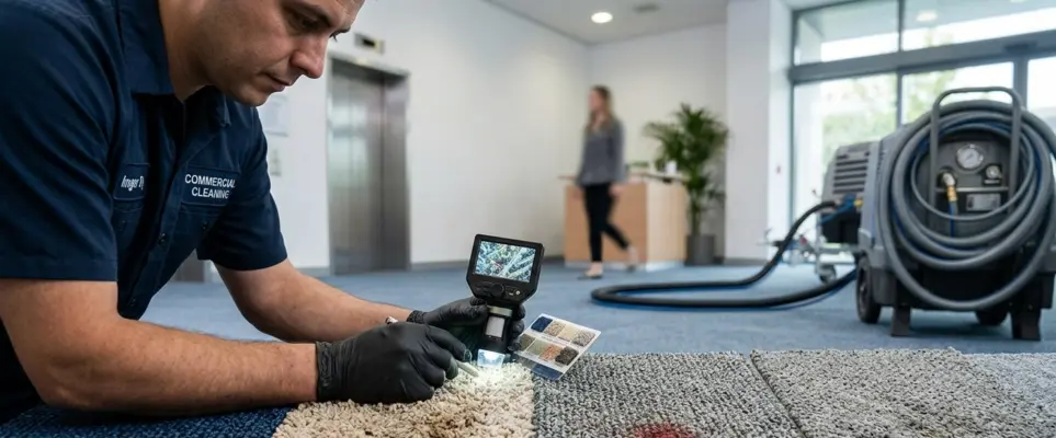 A commercial carpet cleaning technician inspecting different carpet fiber samples with a digital handheld microscope tool.