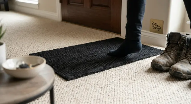 A person in socks stepping off a heavy-duty black entryway mat onto clean carpet next to removed muddy boots.