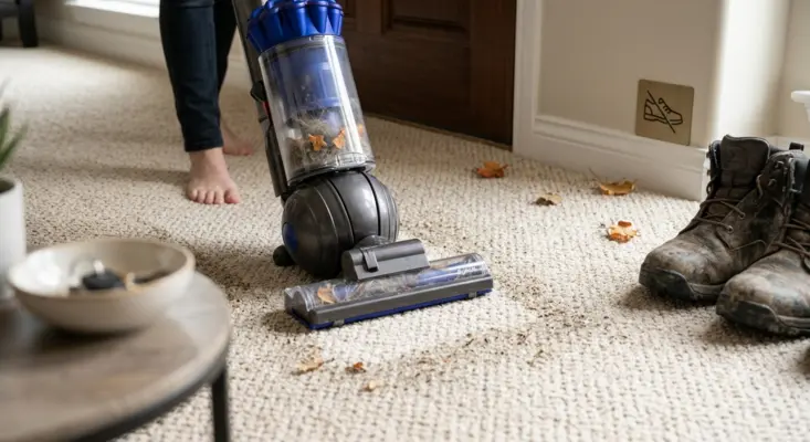A modern upright vacuum cleaner being used to remove dry autumn leaves and tracked-in dirt from a beige household carpet.