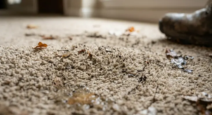 Close-up macro view of textured carpet fibers acting like a filter, trapping crushed autumn leaves, dirt particles, and deep-seated grime