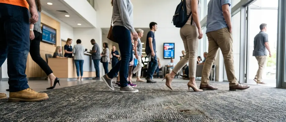 People walking through a busy commercial building entrance tracking outdoor dirt onto the low-pile commercial carpeting
