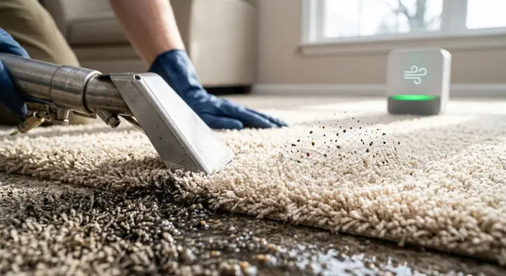 An extraction wand cleaning a carpet next to a glowing green indoor air quality monitor, showing how the science behind deep carpet cleaning improves home breathing conditions.