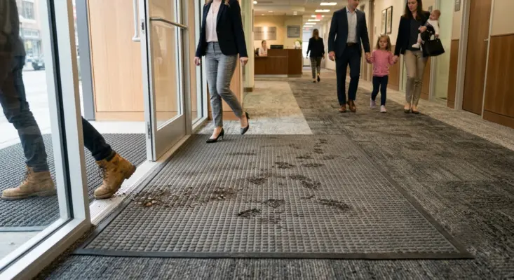 Custodial staff performing interim cleaning and spot removal on commercial carpet for high-traffic carpet maintenance.