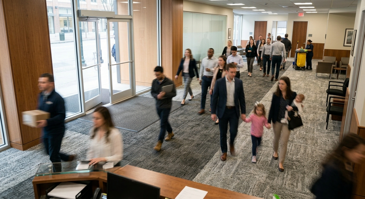 People walking through a lobby, transitioning from heavy-duty matting to interior carpet as part of high-traffic carpet maintenance.