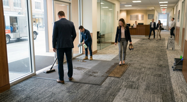 Bright, professional office reception area with a main hallway showing a slight traffic lane in the carpet.