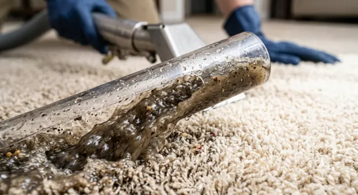 A professional extraction tool drawing a thick stream of muddy water and debris out of a carpet, highlighting the final extraction phase in the science behind deep carpet cleaning.