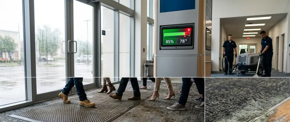 A collage showing a rainy day through a commercial door, a humidity monitor reading 85%, and wet mud tracked onto a commercial carpet entry mat.