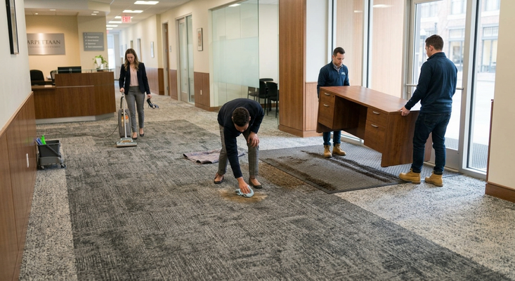Wide view of active office lobby showing different flooring zones for high-traffic carpet maintenance.