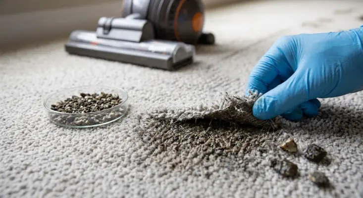A petri dish filled with sharp dirt particles sitting next to an embedded carpet stain being inspected by a gloved hand, showcasing hidden fiber wear.