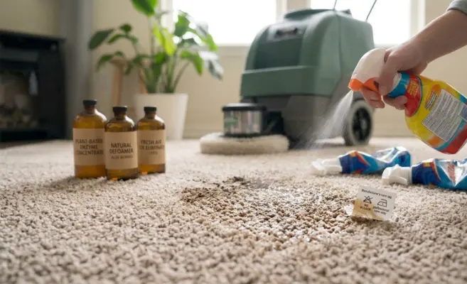 A homeowner spraying too much store-bought chemical product, contrasting with correct, eco-friendly carpet cleaning methods.
