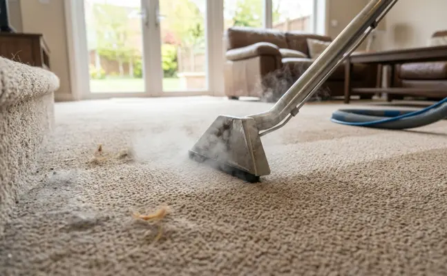 Close-up of a commercial steam wand pulling up embedded dirt and pet hair, showing why seasonal timing matters for allergen removal.