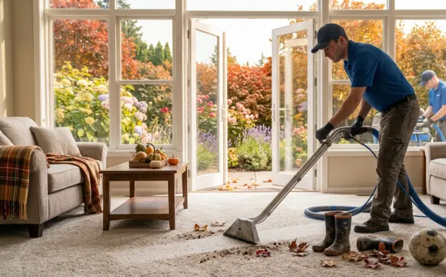 Removing tracked-in dirt and autumn leaves, proving fall is the best time for carpet cleaning to prepare for holiday gatherings.