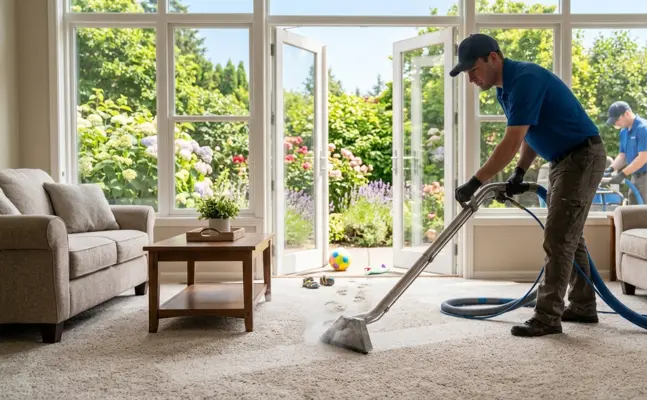 Cleaning muddy footprints near patio doors during summer, highlighting the best time for carpet cleaning when drying times are fastest.