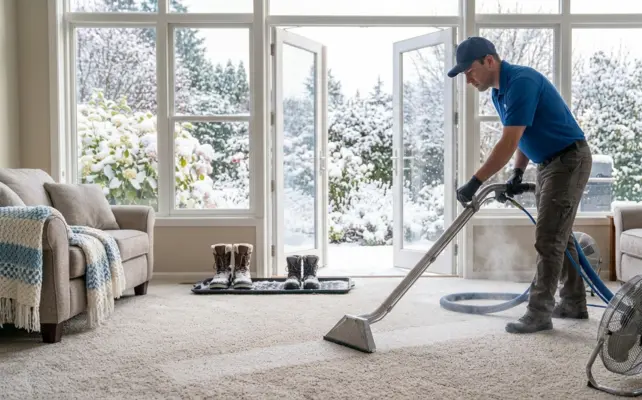 Using industrial floor fans during a winter service to show that the best time for carpet cleaning can include the colder months.