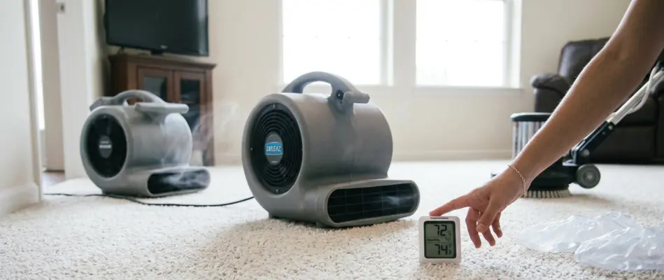 rofessional air movers and a humidity monitor addressing common questions for carpet cleaners about drying times.