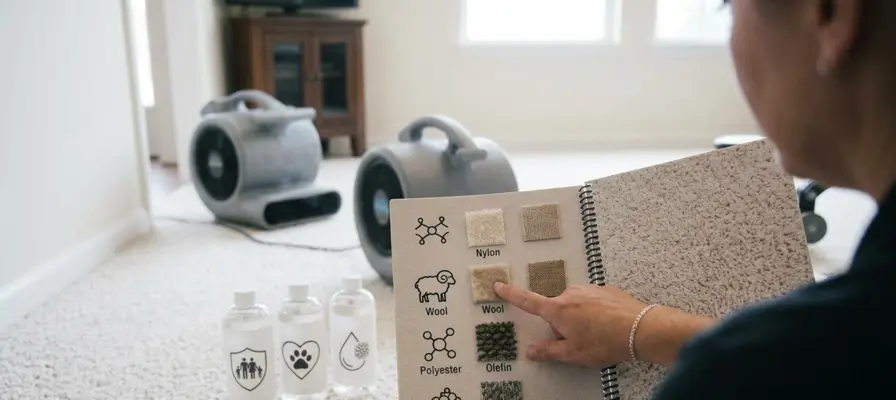 A technician using a fiber swatch guide to illustrate questions for carpet cleaners about material experience.