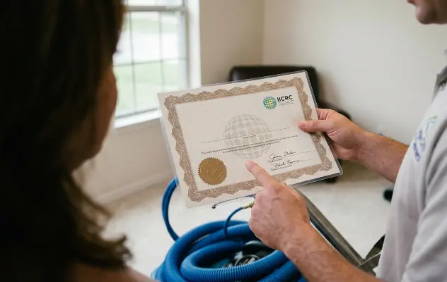 An IICRC certified technician answering questions for carpet cleaners by showing his official certification to a homeowner.