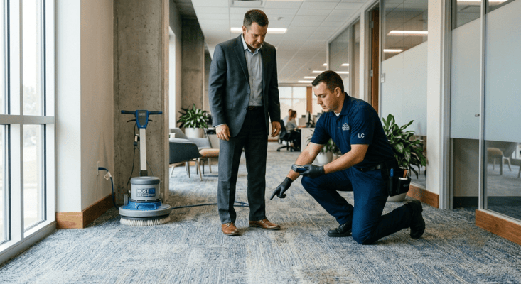 Facility manager discussing a commercial carpet maintenance inspection with a professional technician