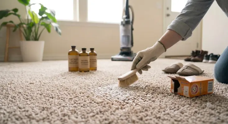 A homeowner applying baking soda to a carpet stain to maintain it between professional eco-friendly carpet cleaning methods.