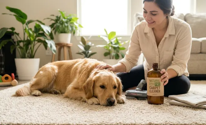 A homeowner using natural solutions on a living room rug, demonstrating the benefits of eco-friendly carpet cleaning methods for indoor air quality.