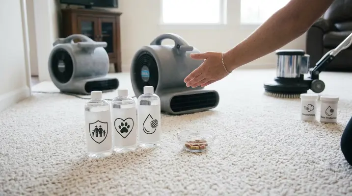 Safe pet and family cleaning solution bottles representing vital questions for carpet cleaners regarding product safety.