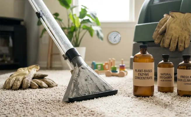 Professional equipment alongside plant-based solutions demonstrating modern eco-friendly carpet cleaning methods.