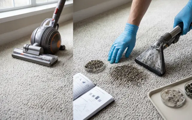 A split scene showing a regular household vacuum cleaner on the left, and a professional hot water extraction wand deep-cleaning a stained carpet on the right.