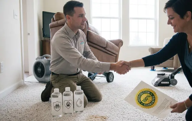 Homeowner and technician shaking hands over a satisfaction guarantee document during questions for carpet cleaners.