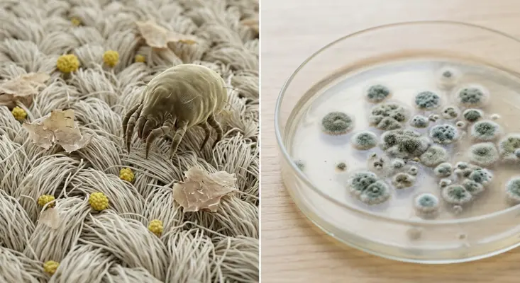 Close-up of microscopic allergens in carpet next to a mold spore sample in a lab dish
