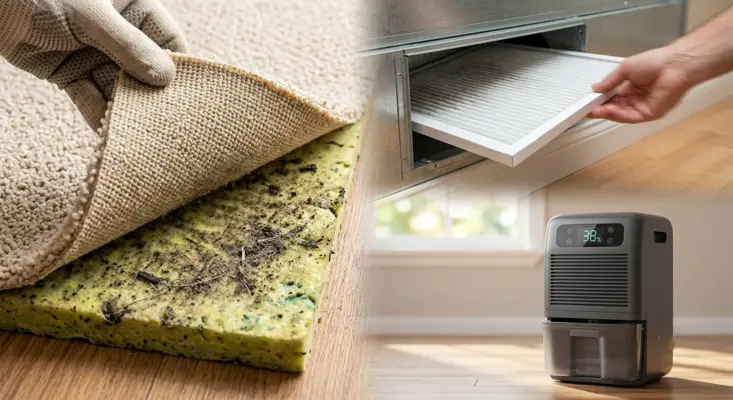 Composite image showing dirty carpet padding, an HVAC filter change, and a home dehumidifier
