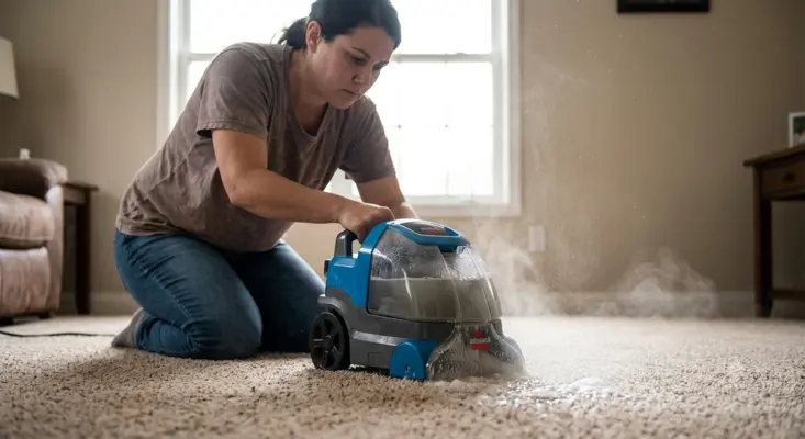 Homeowner using a portable DIY carpet cleaner on home carpet flooring