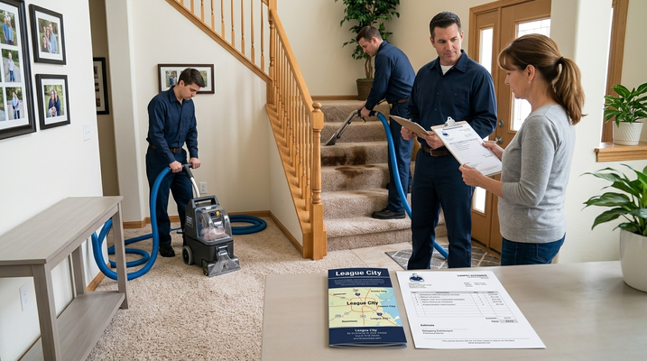 Technician presenting a transparent written quote for whole-home service explaining carpet cleaning cost options in League City
