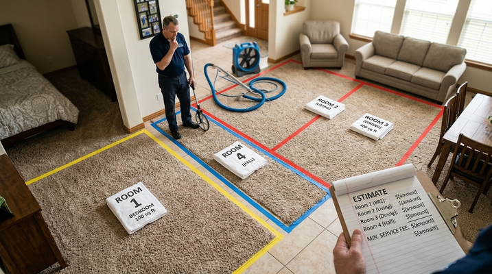 Measured layout of living areas demonstrating how room square footage impacts overall carpet cleaning cost