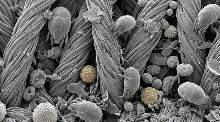 Microscopic view of dust mites and pollen grains trapped inside woven carpet fibers
